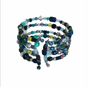 Beaded Flexible Cuff Bracelet with Blue & Green Multicolored Beads